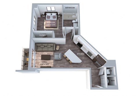 Floor plan for 1 bed, 1 bath, 771 sqft